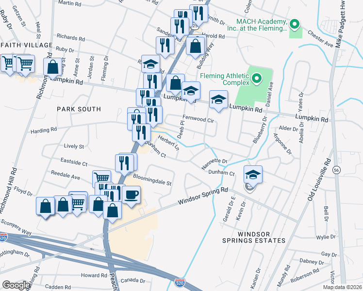 map of restaurants, bars, coffee shops, grocery stores, and more near 2039 Fernwood Court in Augusta