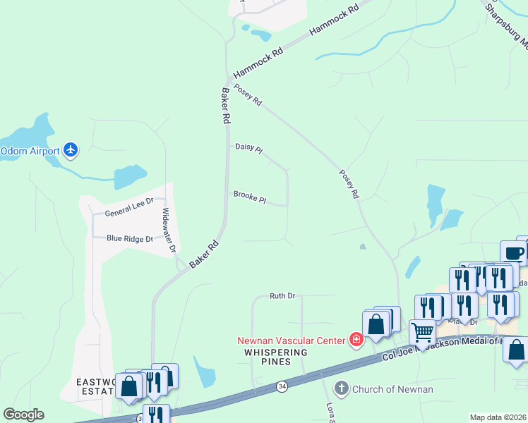 map of restaurants, bars, coffee shops, grocery stores, and more near 65 Brooke Place in Newnan