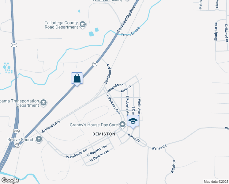 map of restaurants, bars, coffee shops, grocery stores, and more near 111 Alexander Street in Talladega