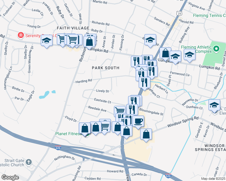 map of restaurants, bars, coffee shops, grocery stores, and more near 2900 Harrington Place in Augusta