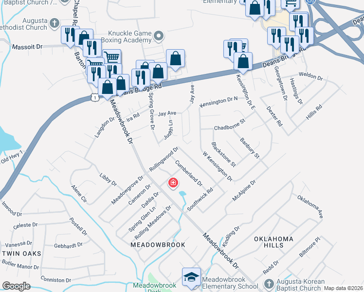 map of restaurants, bars, coffee shops, grocery stores, and more near 2943 Rollingwood Drive in Augusta