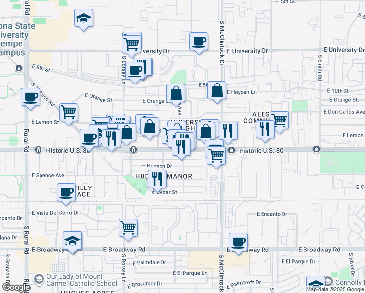 map of restaurants, bars, coffee shops, grocery stores, and more near 1602 East Apache Boulevard in Tempe
