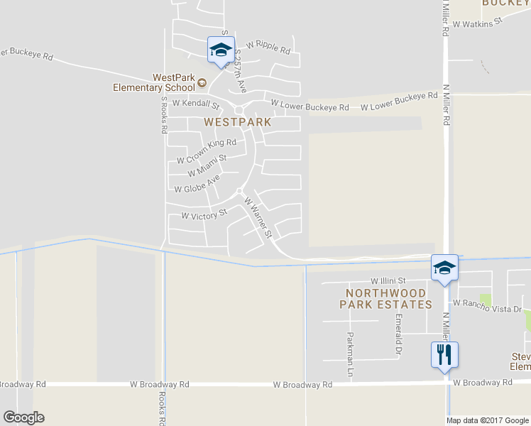 map of restaurants, bars, coffee shops, grocery stores, and more near 3438 South 256th Drive in Buckeye