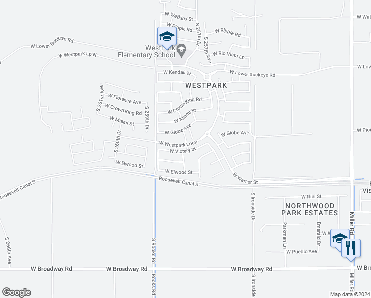 map of restaurants, bars, coffee shops, grocery stores, and more near 25768 West Victory Street in Buckeye
