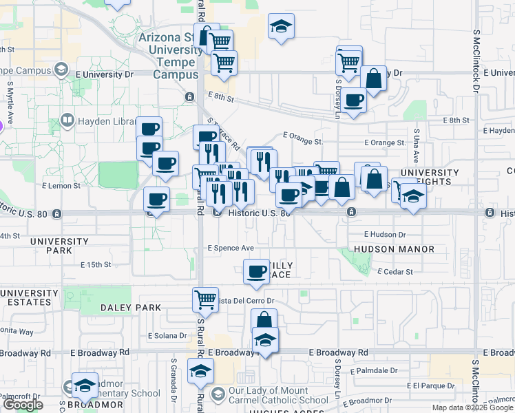 map of restaurants, bars, coffee shops, grocery stores, and more near 1100 East Apache Boulevard in Tempe