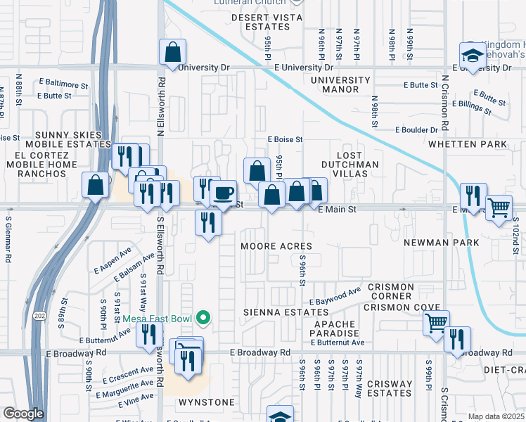 map of restaurants, bars, coffee shops, grocery stores, and more near 9452 East Apache Trail in Mesa