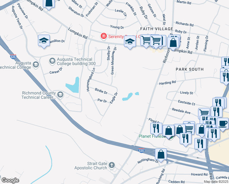 map of restaurants, bars, coffee shops, grocery stores, and more near 2403 Eagle Drive in Augusta