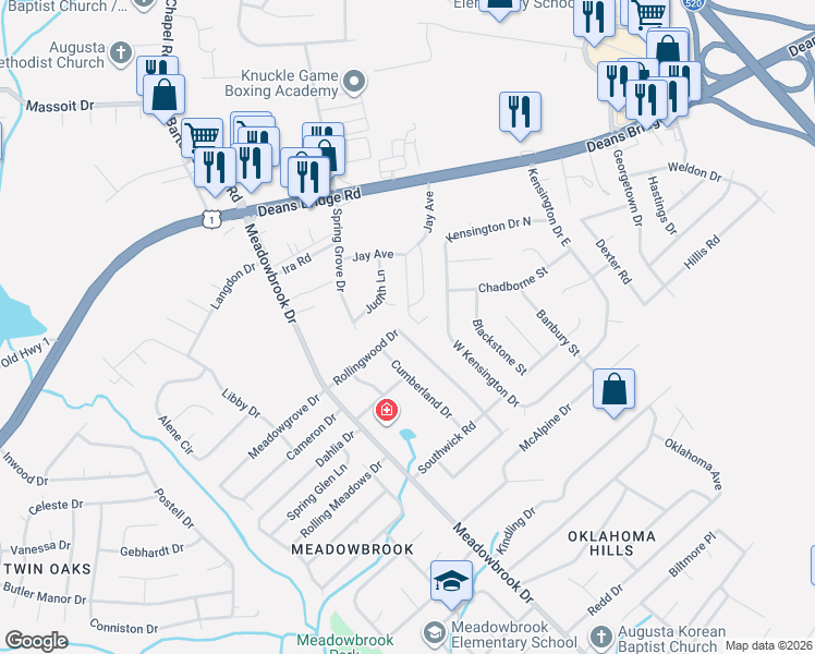 map of restaurants, bars, coffee shops, grocery stores, and more near 2943 Rollingwood Drive in Augusta