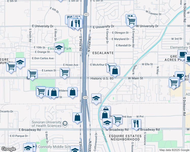 map of restaurants, bars, coffee shops, grocery stores, and more near 2314 East Apache Boulevard in Tempe