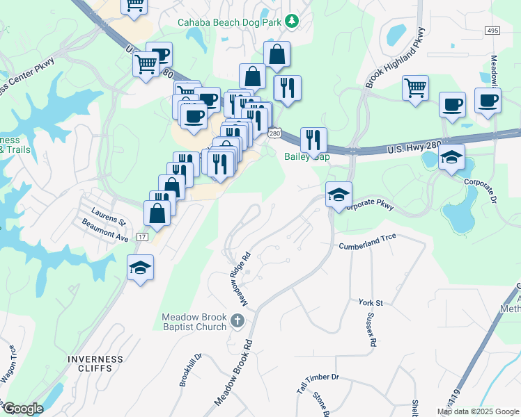 map of restaurants, bars, coffee shops, grocery stores, and more near 804 Morning Sun Drive in Birmingham