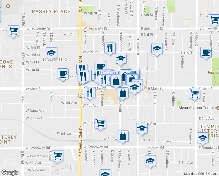 map of restaurants, bars, coffee shops, grocery stores, and more near 161 W Main St in Mesa