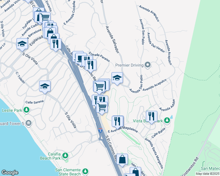 map of restaurants, bars, coffee shops, grocery stores, and more near 112 East Avenida San Gabriel in San Clemente