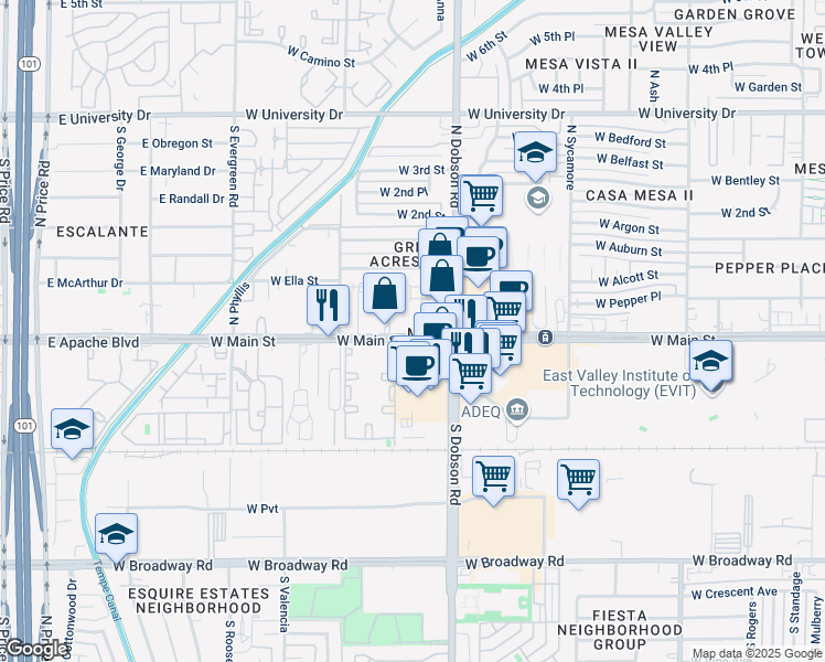 map of restaurants, bars, coffee shops, grocery stores, and more near 2052 West Main Street in Mesa