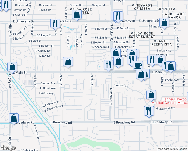 map of restaurants, bars, coffee shops, grocery stores, and more near 5813 East Main Street in Mesa