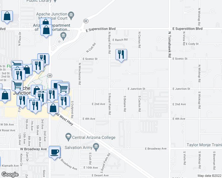 map of restaurants, bars, coffee shops, grocery stores, and more near 832 East Junction Street in Apache Junction