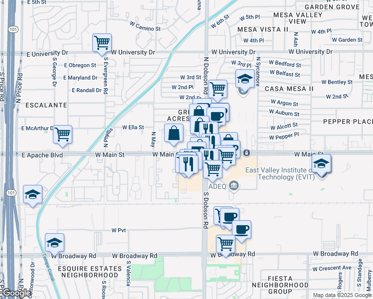 map of restaurants, bars, coffee shops, grocery stores, and more near 2052 West Main Street in Mesa
