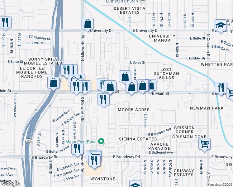 map of restaurants, bars, coffee shops, grocery stores, and more near 9404 East Main Street in Mesa