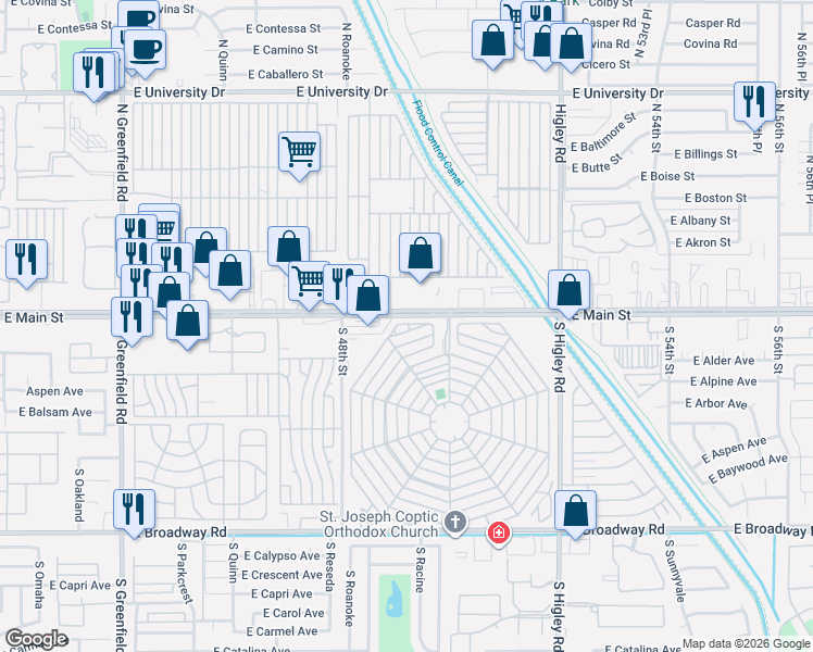 map of restaurants, bars, coffee shops, grocery stores, and more near 20 North Arroya in Mesa