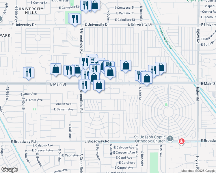 map of restaurants, bars, coffee shops, grocery stores, and more near 4572 East Main Street in Mesa