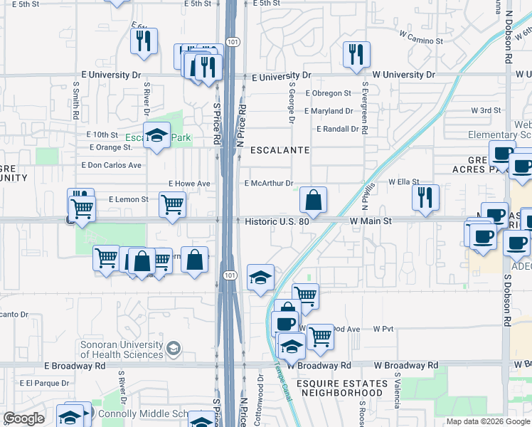 map of restaurants, bars, coffee shops, grocery stores, and more near 2314 East Apache Boulevard in Tempe