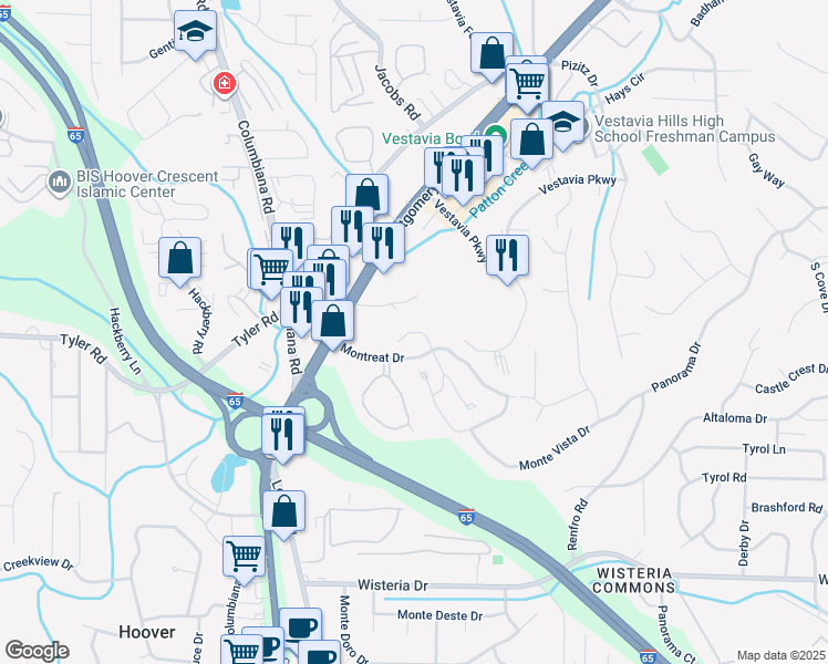 map of restaurants, bars, coffee shops, grocery stores, and more near 2114 Montreat Lane in Vestavia Hills
