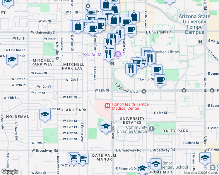 map of restaurants, bars, coffee shops, grocery stores, and more near 1290 South Mill Avenue in Tempe