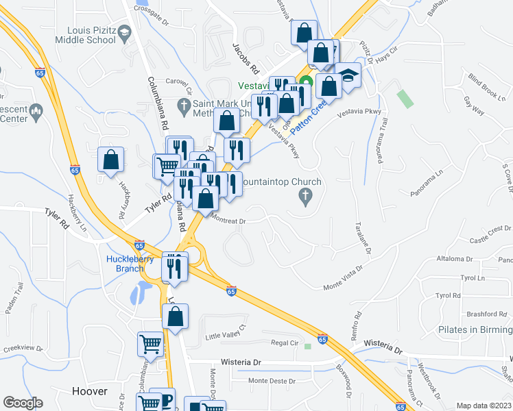 map of restaurants, bars, coffee shops, grocery stores, and more near 2114 Montreat Lane in Vestavia Hills