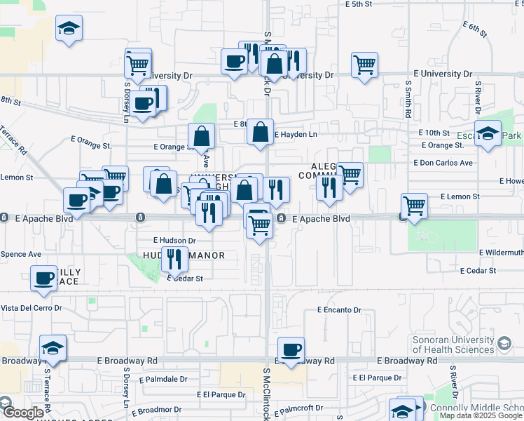 map of restaurants, bars, coffee shops, grocery stores, and more near 1245 South McClintock Drive in Tempe