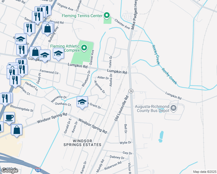 map of restaurants, bars, coffee shops, grocery stores, and more near 2916 Abelia Avenue in Augusta