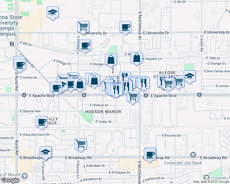 map of restaurants, bars, coffee shops, grocery stores, and more near 1520 East Apache Boulevard in Tempe