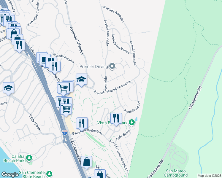 map of restaurants, bars, coffee shops, grocery stores, and more near 110 Calle Cuervo in San Clemente