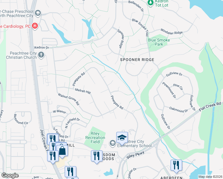 map of restaurants, bars, coffee shops, grocery stores, and more near 400 Pinegate Road in Peachtree City
