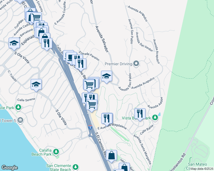 map of restaurants, bars, coffee shops, grocery stores, and more near 200 Avenida San Pablo in San Clemente