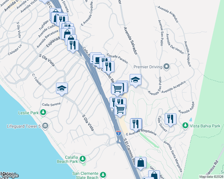 map of restaurants, bars, coffee shops, grocery stores, and more near 1 West Avenida Junipero in San Clemente