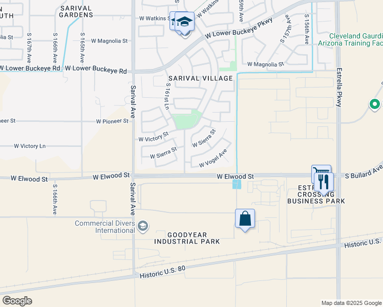 map of restaurants, bars, coffee shops, grocery stores, and more near 16090 West Larkspur Drive in Goodyear