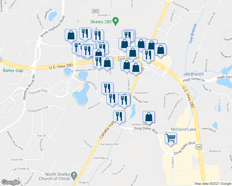 map of restaurants, bars, coffee shops, grocery stores, and more near 1800 Corporate Drive in Birmingham