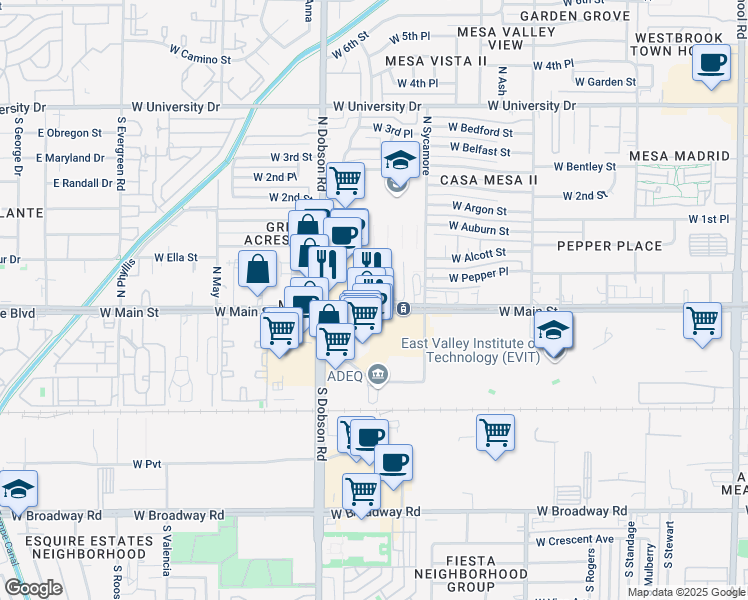 map of restaurants, bars, coffee shops, grocery stores, and more near 1870 West Main Street in Mesa