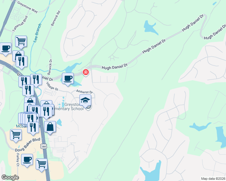map of restaurants, bars, coffee shops, grocery stores, and more near 240 Woodbridge Lane in Birmingham