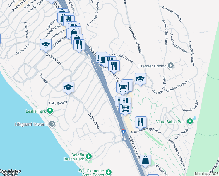map of restaurants, bars, coffee shops, grocery stores, and more near 14 West Avenida Cornelio in San Clemente