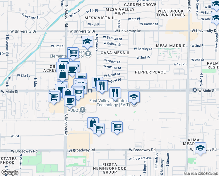 map of restaurants, bars, coffee shops, grocery stores, and more near 1714 West Main Street in Mesa