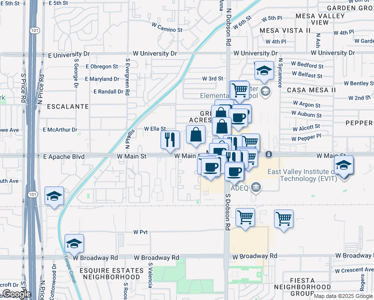 map of restaurants, bars, coffee shops, grocery stores, and more near 20 North Santa Barbara in Mesa