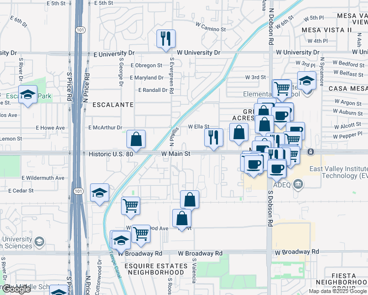 map of restaurants, bars, coffee shops, grocery stores, and more near 2330 West Main Street in Mesa