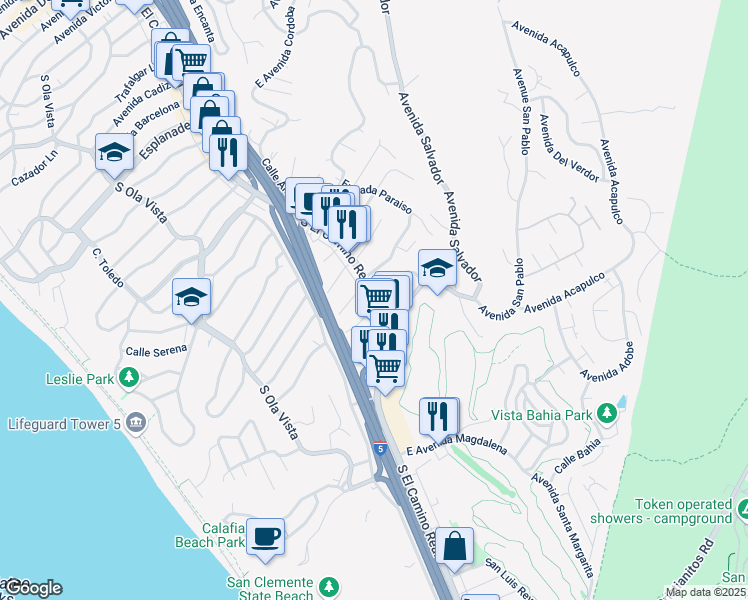 map of restaurants, bars, coffee shops, grocery stores, and more near 2222 South El Camino Real in San Clemente