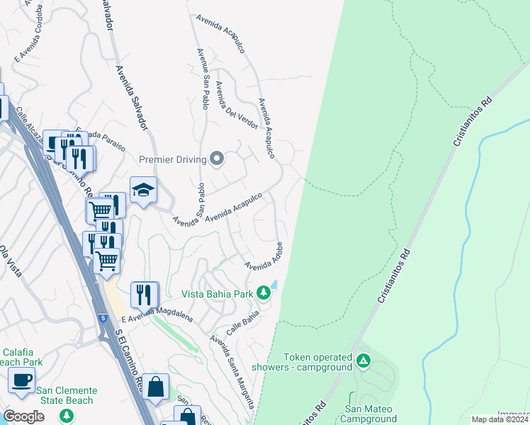 map of restaurants, bars, coffee shops, grocery stores, and more near 127 Avenida Baja in San Clemente