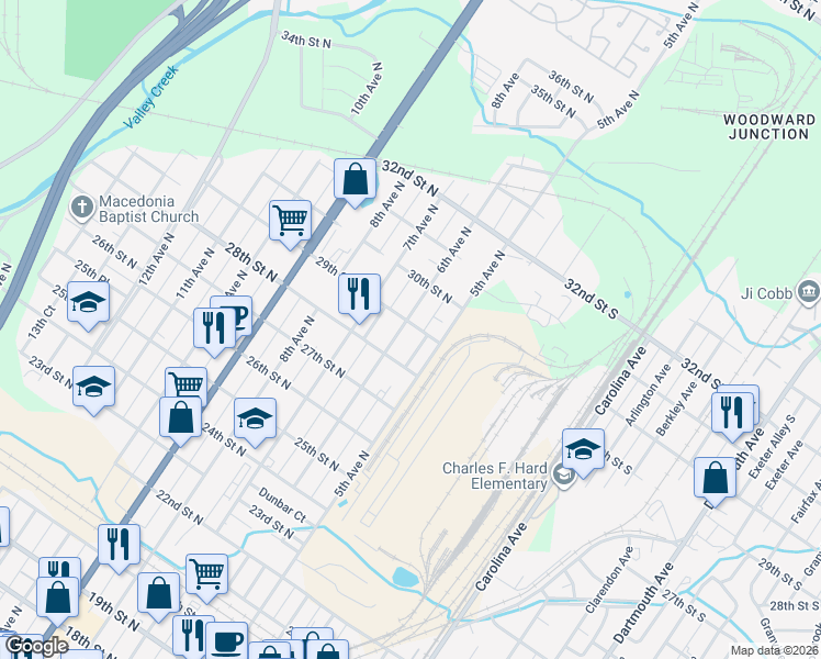 map of restaurants, bars, coffee shops, grocery stores, and more near 511 29th Street North in Bessemer