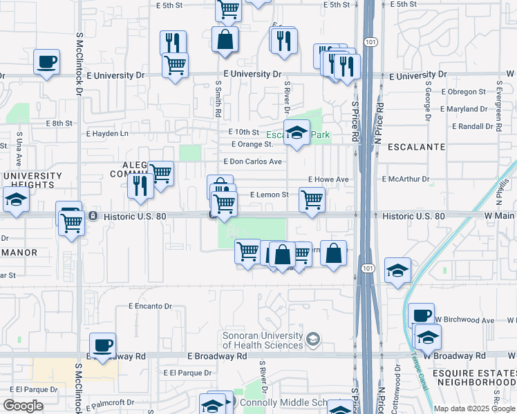 map of restaurants, bars, coffee shops, grocery stores, and more near 2058 East Apache Boulevard in Tempe