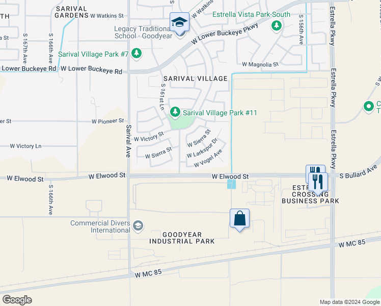 map of restaurants, bars, coffee shops, grocery stores, and more near 16078 West Larkspur Drive in Goodyear