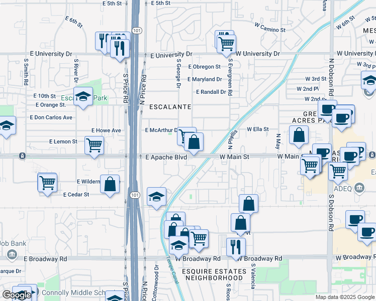 map of restaurants, bars, coffee shops, grocery stores, and more near 2420 East Apache Boulevard in Tempe