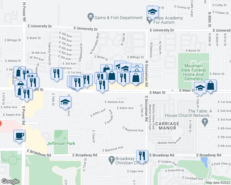 map of restaurants, bars, coffee shops, grocery stores, and more near E Main St & S 74th St in Mesa