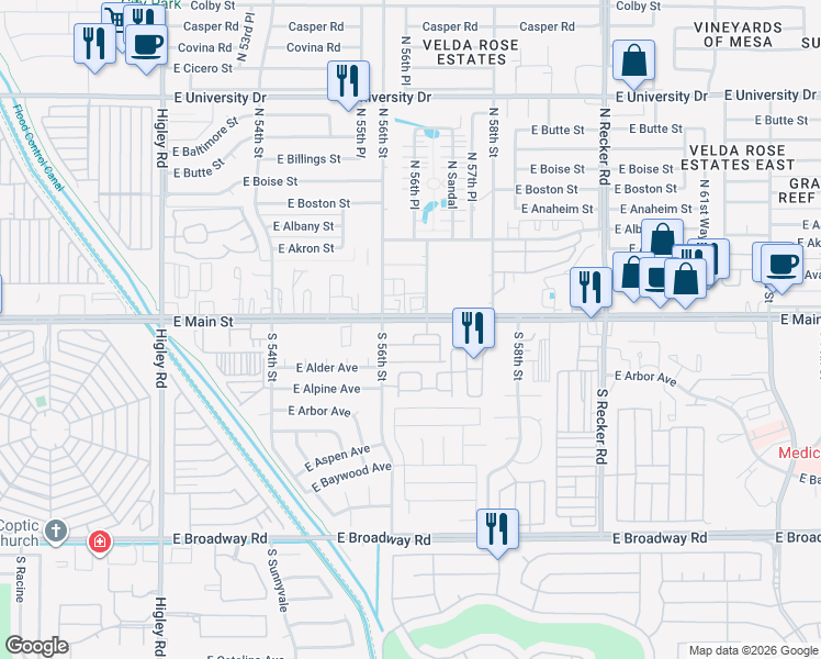 map of restaurants, bars, coffee shops, grocery stores, and more near 5626 East Main Street in Mesa